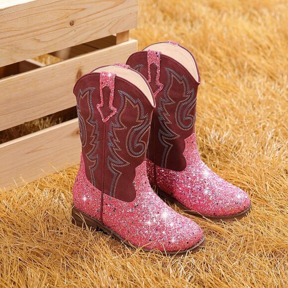 Kids Pink Sequins Boots Glitter Toddler Little Big Mid Calf Western Riding Shoes - Picture 7 of 7